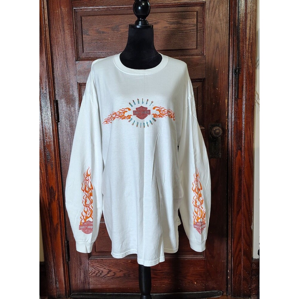Harley Davidson VTG Flame Graphics White Longsleeve Mens 2XL/T765